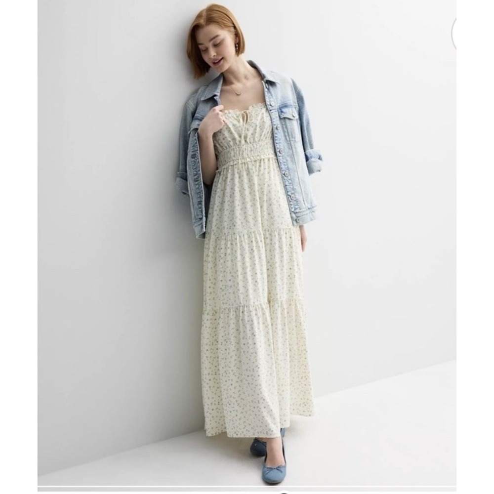 MARY & MO Maxi Peasant Dress Women's XS Cream  Floral CottageCore Bow Prairie